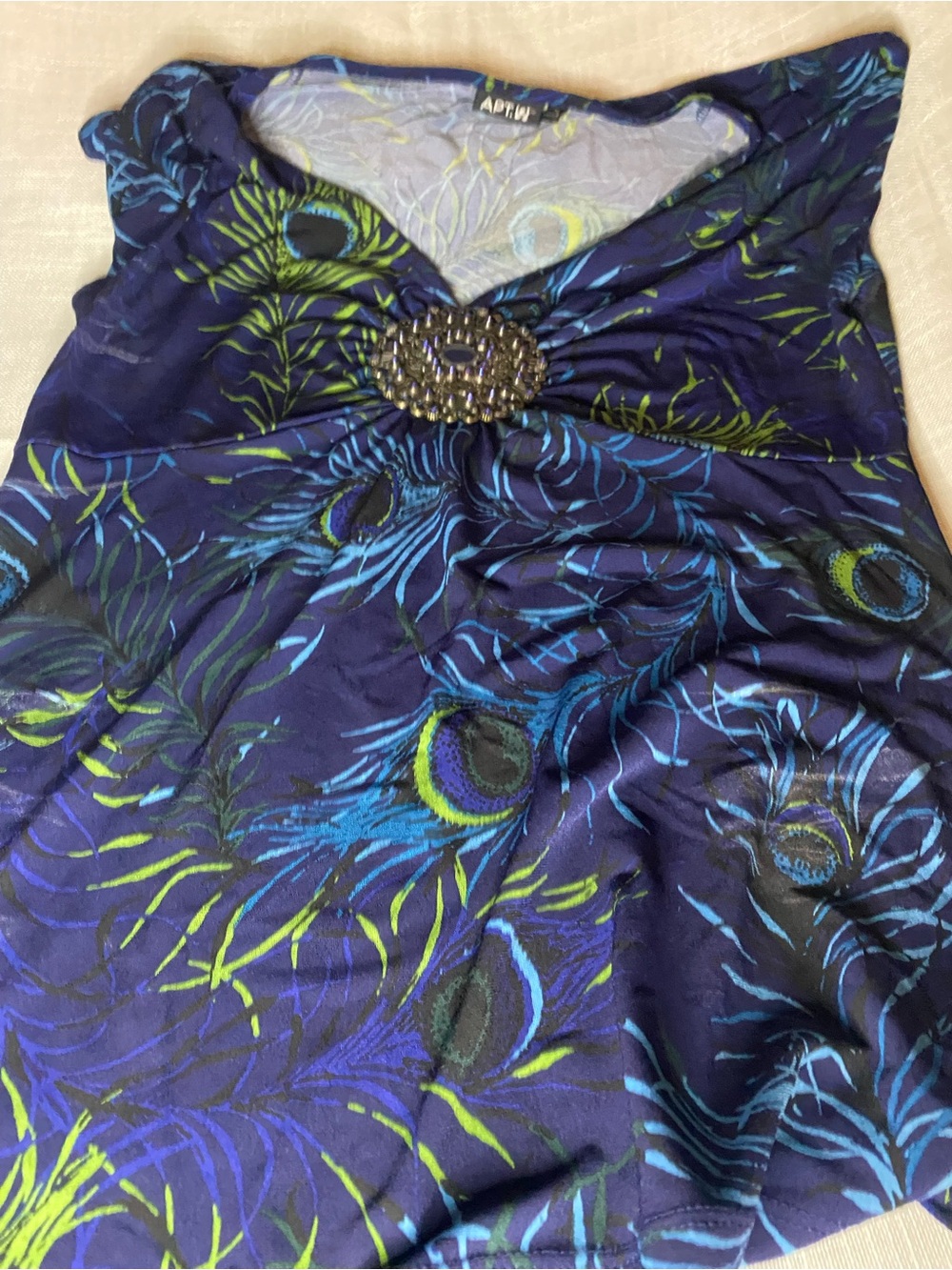 Apt. 9 Navy Tank with Blue and Green Feather Print